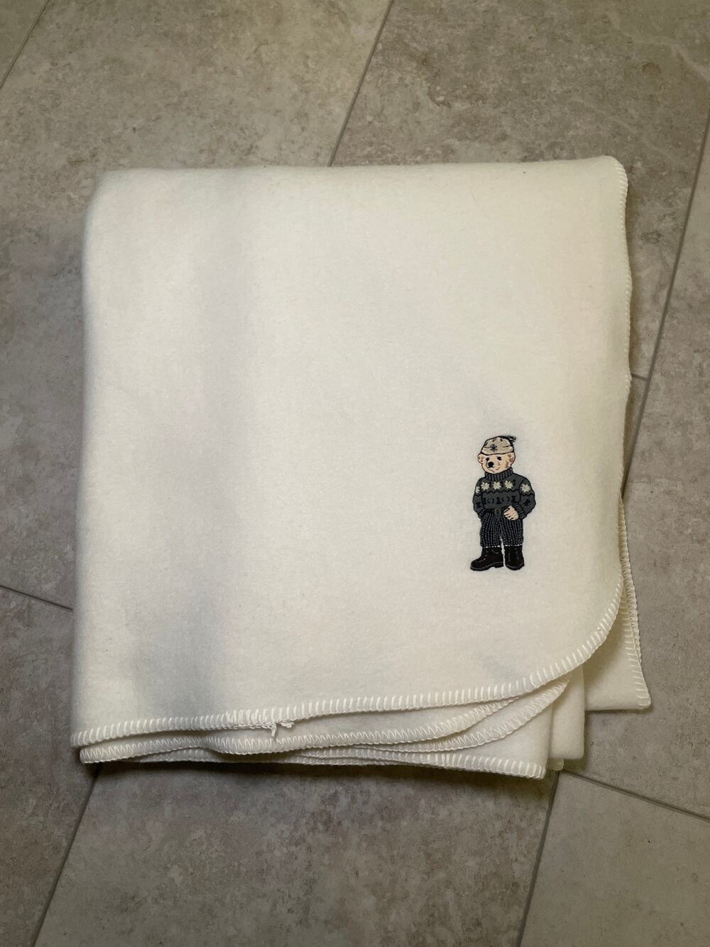 Vtg Ralph Lauren Winter Polo Bear Fleece Throw Blanket Ivory 50x68" USA Heritage